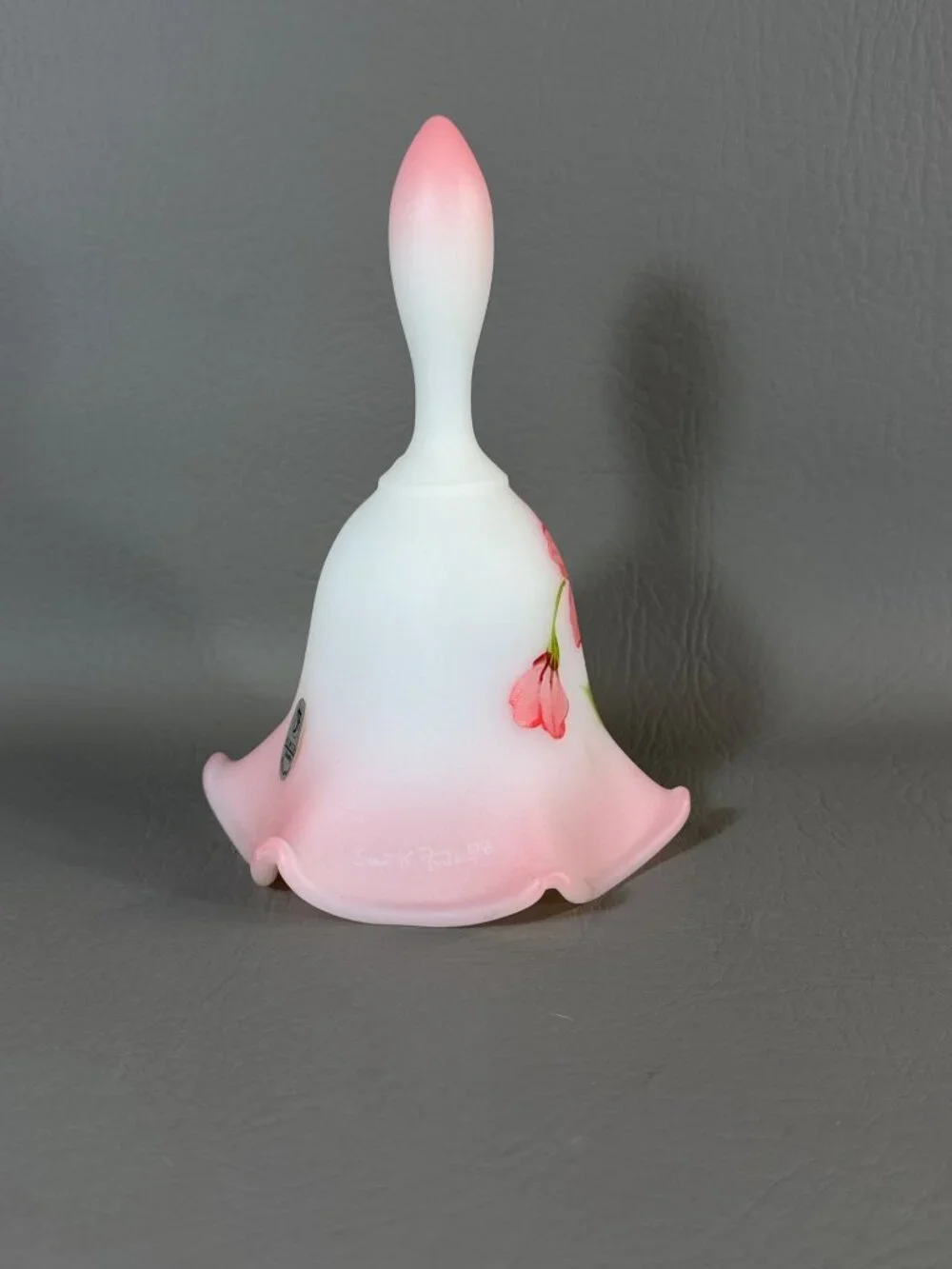 Vintage Fenton Art Glass Bell Hand-Painted Floral Signed M. Kibbe Satin Pink